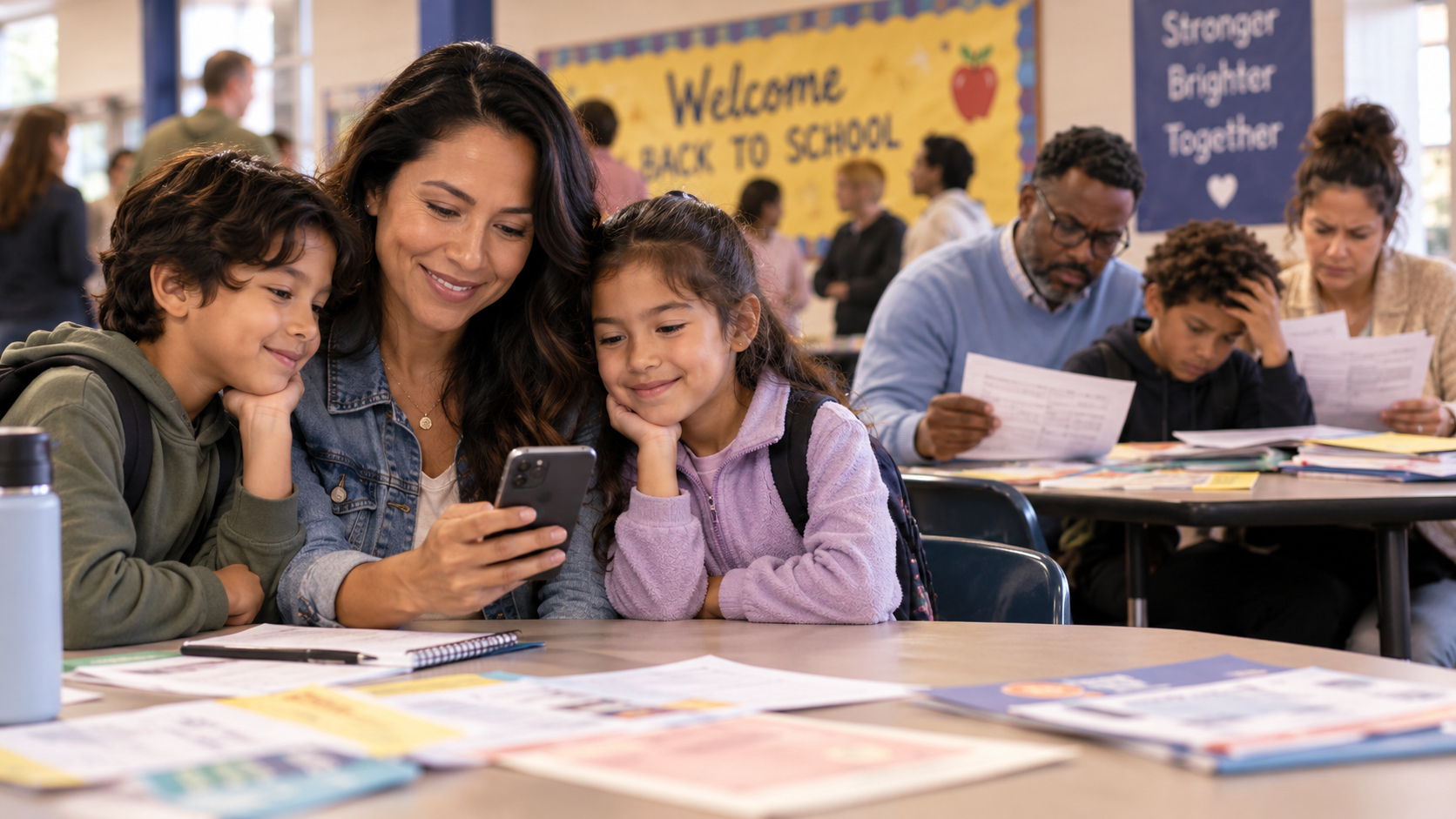 A family connecting at back-to-school night while reviewing school information together