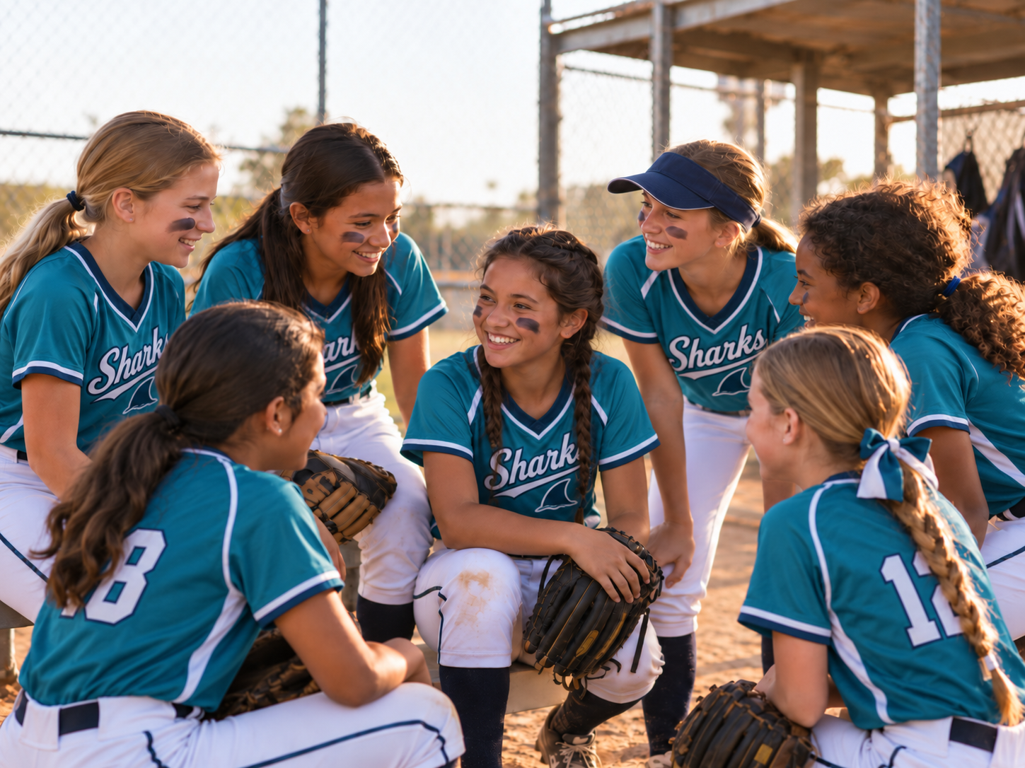 Sharks softball team huddled together at golden hour